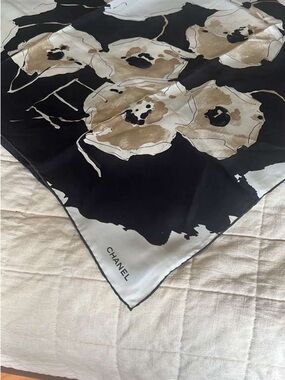 CHANEL Black and White Camelias Silk Scarf with Logo Tag